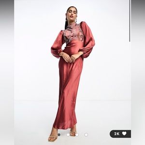 ASOS DESIGN high neck satin maxi dress with embroidery in burgundy. Size 4